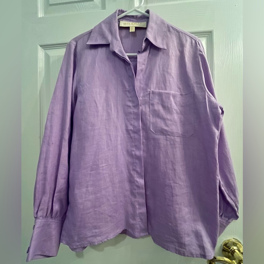 NWOT Studio F 100% Linen Purple Button Up Blouse